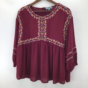 Women's Floral Embroidered Boho Blouse - Burgundy